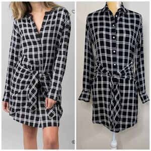 Rag & Bone Plaid Tie Front Button Down Shirt Dress XS Black & White Long Sleeve